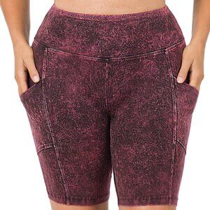 WOMEN PREM PLUS 1X-3X MINERAL WASH WIDE WAISTBAND BIKE SHORTS W/POCKETS BURGUNDY